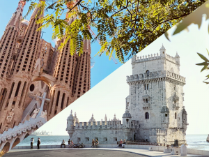 španjolski i portugalski poznati prizori, dvije zgrade na dijagonalno podijeljenoj slici